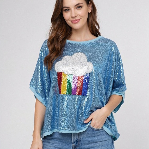 Fantastic Fawn Tops - ✨ Fantastic Fawn Blue Sequin Rainbow Cupcake Oversized Top | NWT | Fits up to 2X